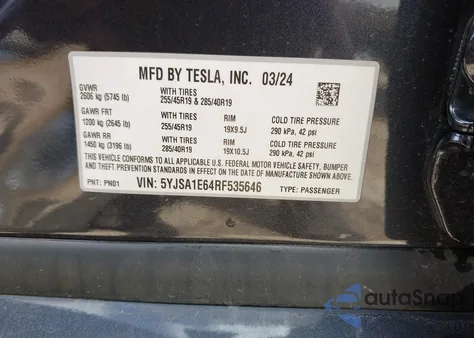 2024 Tesla Model S Plaid Tri Motor All-Wheel Drive z USA, uszkodzony, nr VIN 5YJSA1E64RF535646
